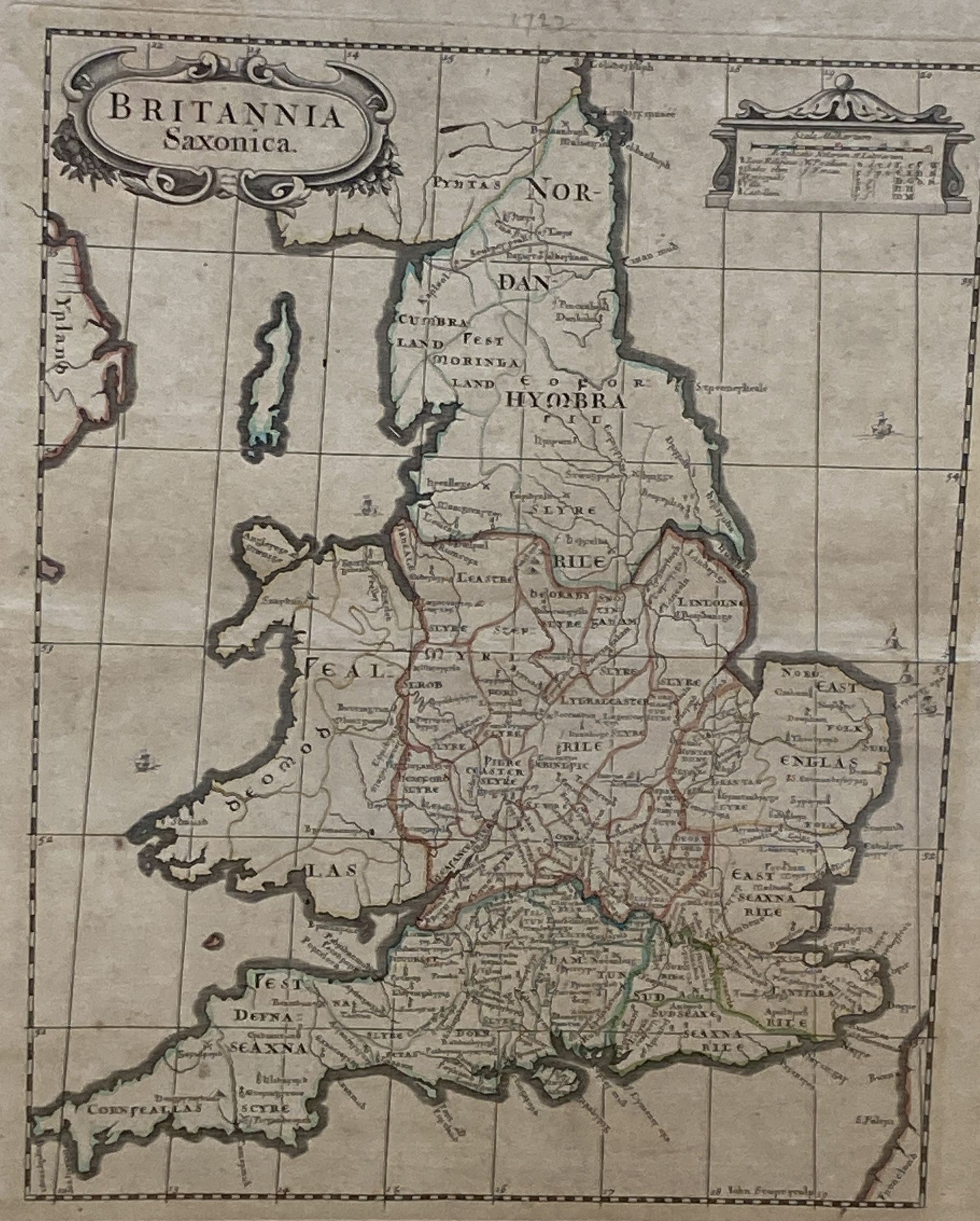 Robert Morden, a coloured engraved map Britannia Saxonica c.1722, overall 50.5 x 40.5cm